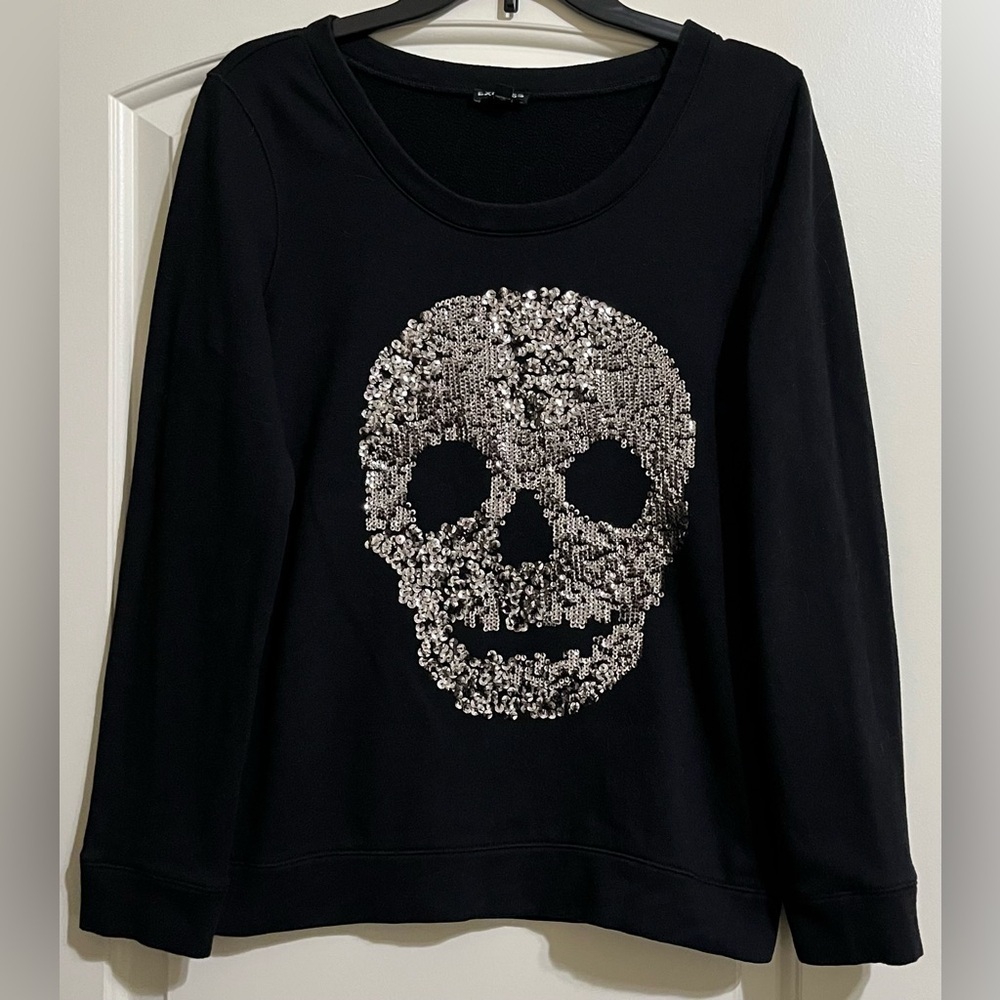 Express Women’s Black Sweater with Silver Sequined Skull Design Size Medium